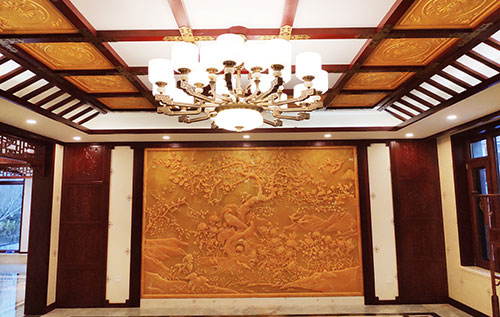大城中式别墅客厅中式木作横梁吊顶装饰展示